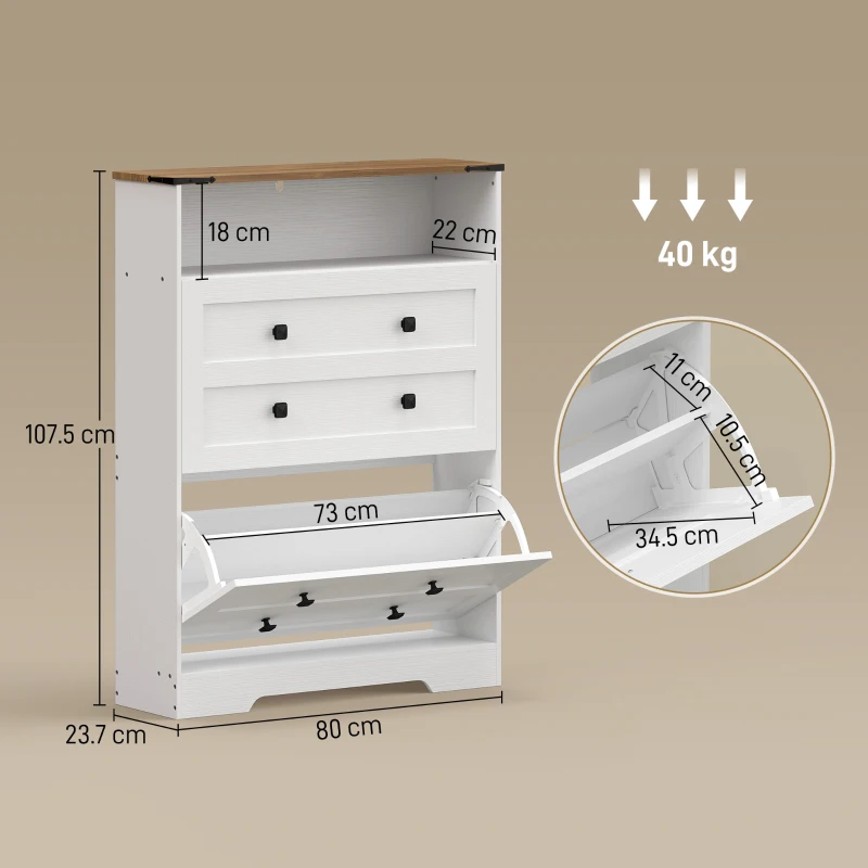HOMCOM Shoe Cabinet with 2 Flip Drawers, Narrow Shoe Storage Cabinet, White