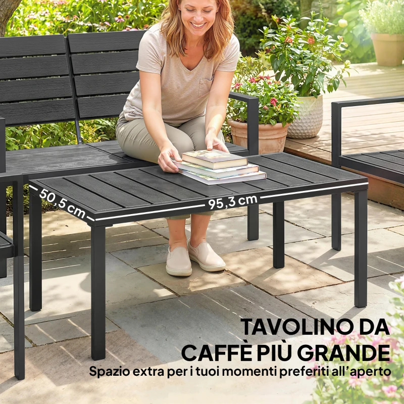 Outsunny Salotto da Giardino 4 pz con Tavolino da Caffè, Divanetto 2 Posti e 2 Sedie, in HDPE e Metallo Nero