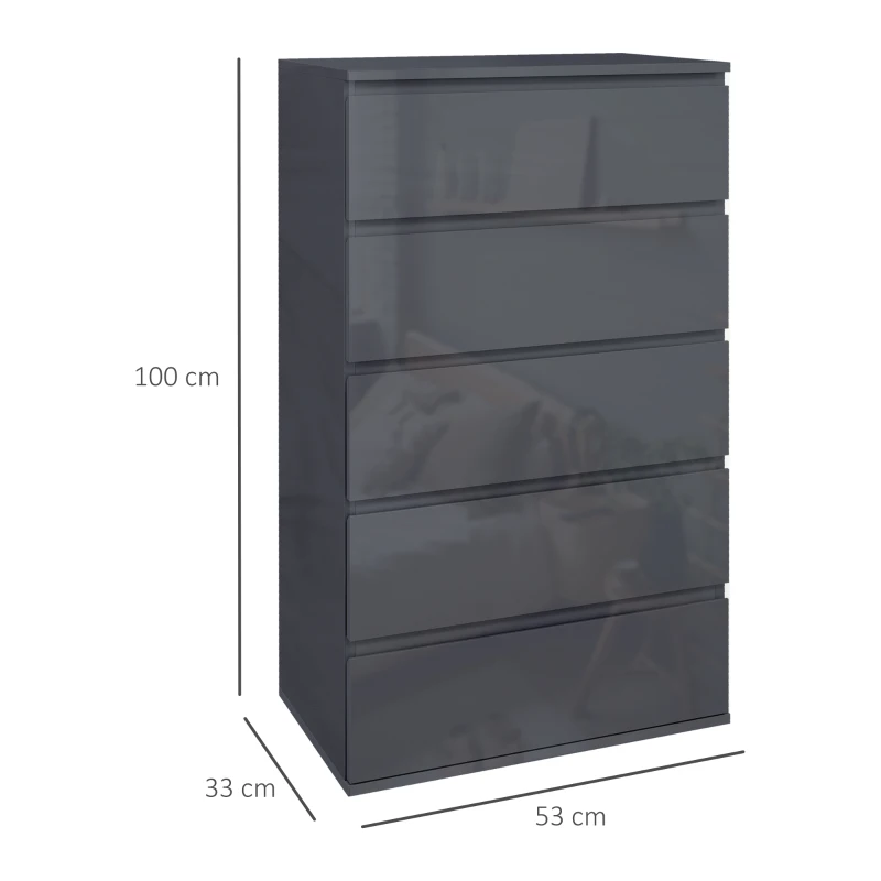 HOMCOM 5-Drawer Modern Dresser, High Gloss Storage Drawer Unit for Bedroom, Grey