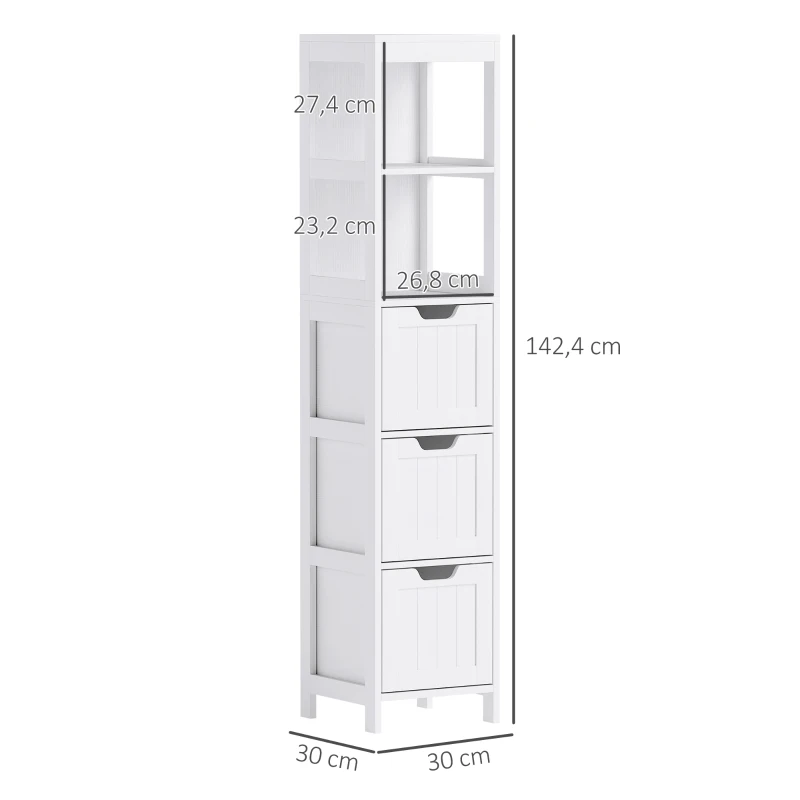 HOMCOM Badkamerkast met 3 Laden en 2 Open Schappen, Smalle Opbergkast voor Kleine Badkamer, Waterafstotend Materiaal, Wit