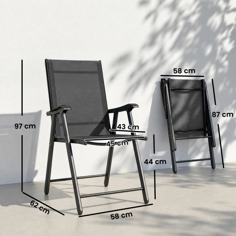 Outsunny Folding Garden Chairs Set of 2, Foldable Garden Dining Chairs with High Back, Armrests, Texteline Seat, Black