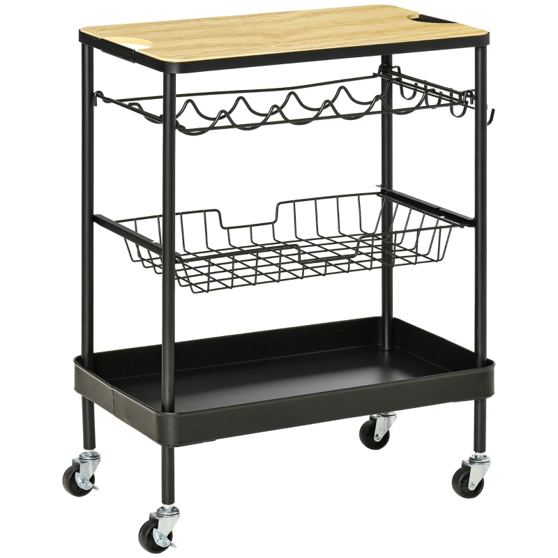 HOMCOM Carrinho de Cozinha com Rodas Carrinho de Cozinha Multiuso com Suporte para Garrafas Cesta Removível e 4 Ganchos para Sala de Jantar Sala de Estar 60,5x35,5x75cm Preto e Carvalho