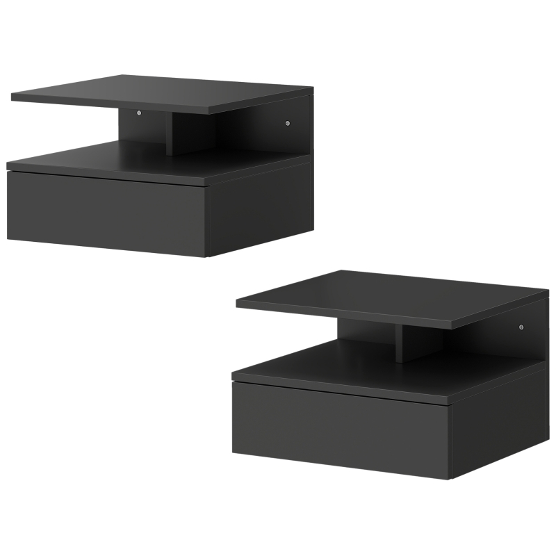 HOMCOM Set de 2 Noptiere Suspendate cu Sertar și Raft Deschis, 35x32x22.5 cm, Negru