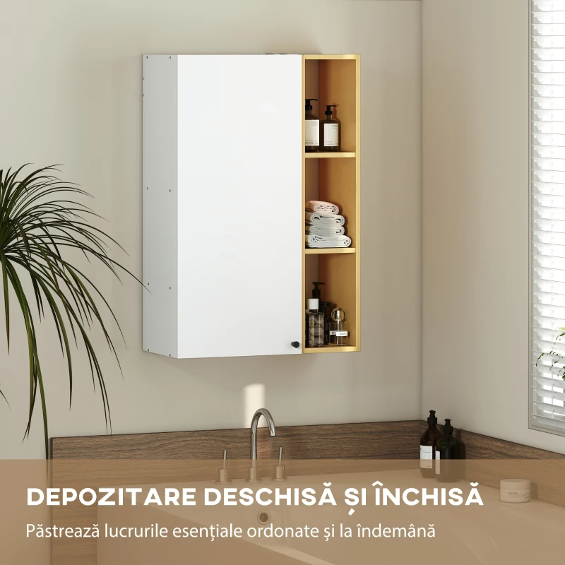 HOMCOM Dulap Suspendat pentru Baie cu Rafturi Reglabile și 3 Polițe Deschise, 59,5x30x90 cm, Alb și Lemn