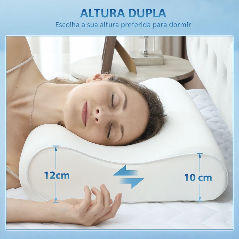 HOMCOM Almofada de Espuma Viscoelástica com Desenho Ergonómico Dupla Altura Capa Removível e Lavável 68,58x35,56x8,9/10,8 cm Creme