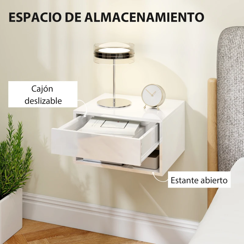HOMCOM Juego de 2 Mesitas de Noche Flotantes Mesillas de Noche con Cajón y Estante Abierto 37x32x21 cm Blanco Brillante