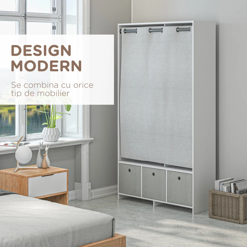 HOMCOM Dulap Modern cu Bară pentru Umerașe, 3 Sertare din Material Textil și 3 Rafturi, 105x48x160 cm, Alb și Gri