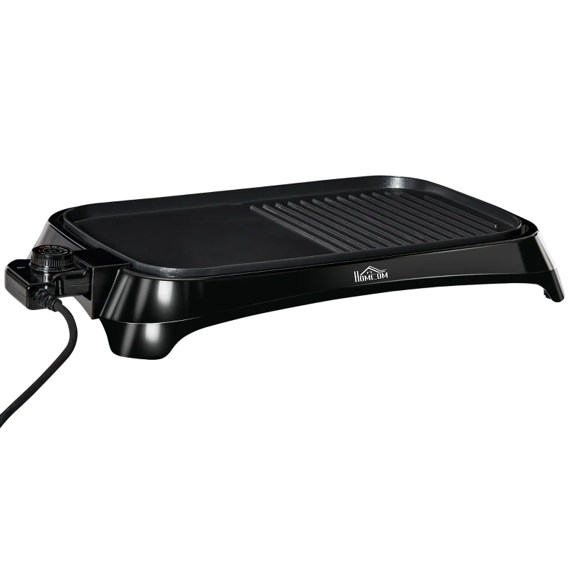 HOMCOM Plancha de Asar Eléctrica Cocina 1600W Aluminio con Temperatura Regulable Superficie de 40,6x25,2 cm Revestimiento Antiadherente y Bandeja de Goteo 53,5x31x8 cm Negro