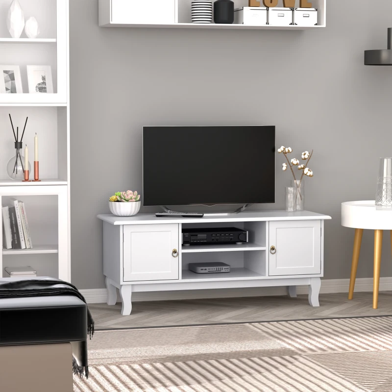 HOMCOM TV Unit up to 55", 2 Doors TV Cabinet with Open Storage Shelves and Cable Management for Living Room, Bedroom, Entertainment Room, 120L x 45W x 50.5H, White