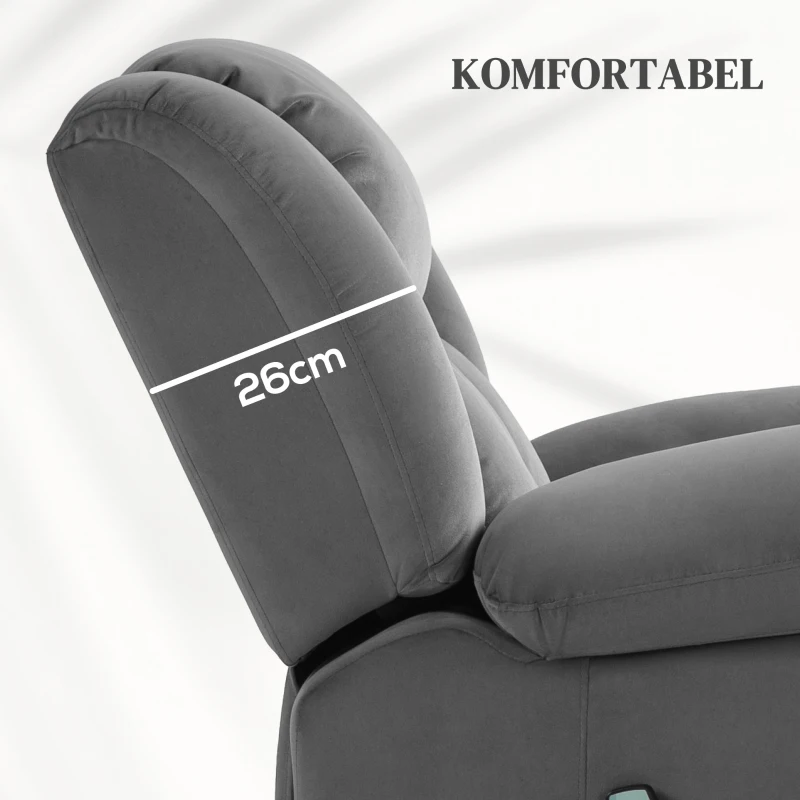 HOMCOM Elektrische Relaxfauteuil met opsta-hulp – Ligstoel met verwarmings- en massagefunctie, afstandsbediening, bekerhouder, zijvak, USB, pocketvering, fluweel, donkergrijs