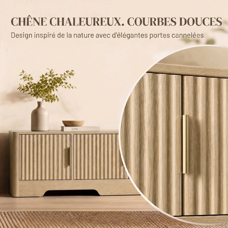 HOMCOM Meuble TV 140 cm, Meuble Télé pour Téléviseur jusqu'à 60 Pouces, 4 Portes Cannelées et Étagères Réglables, Chêne