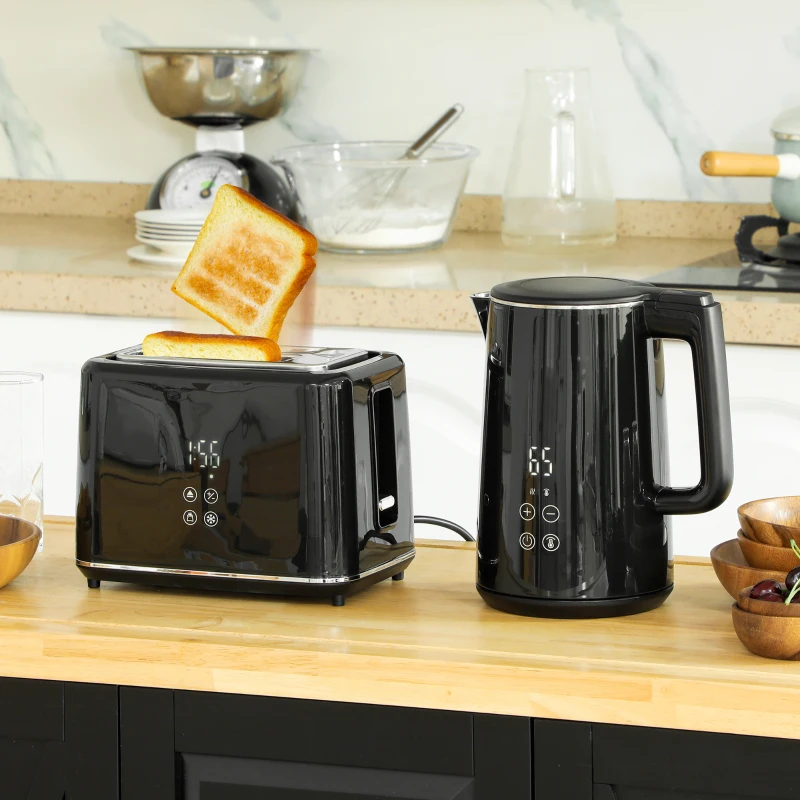 HOMCOM Stainless Steel Kettle and Toaster Set, 1.5L 3000W Fast Boil Kettle with Insulation & 2 Slice Toaster Kitchen Set with 7 Level Browning Controls, Defrost, Reheat and Crumb Tray, Black