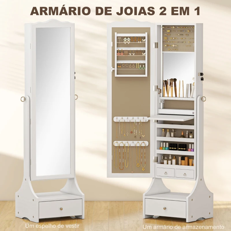 HOMCOM Espelho de Joias com Luzes LED Armário para Joias com Espelho de Ângulo Ajustável Gavetas Mesa Interior Dobrável Branco