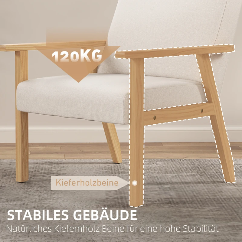 HOMCOM Gestoffeerde Stoel met Armleuningen, Eetkamerstoel in Linnenlook, Massief Houten Frame, 64 x 70 x 72 cm, Crème