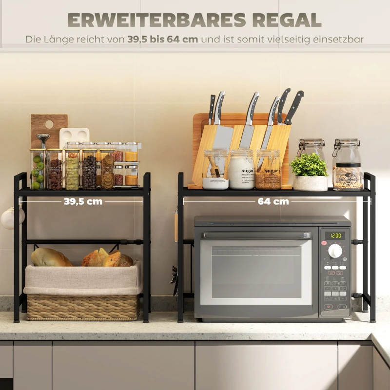 HOMCOM Uitschuifbaar Magnetronrek met 3 Haken, Metaal, 40 cm Hoog, Zwart(m-5)