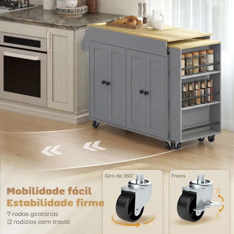 HOMCOM Ilha de Cozinha com Rodas Tampo Extensível Carrinho de Cozinha com 4 Portas Prateleiras Ajustáveis Estante Lateral Aberta Cinza