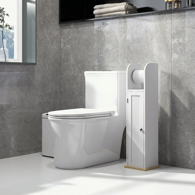 kleankin Mobile Bagno Stretto, Mobiletto Bagno Salvaspazio con Porta Carta Igienica, Ripiani Regolabili, per Lavanderia, Moderno, 20x20x80 cm, Bianco