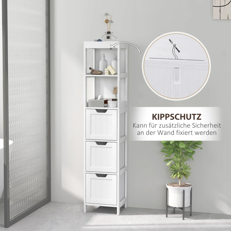 HOMCOM Badkamerkast met 3 Laden en 2 Open Schappen, Smalle Opbergkast voor Kleine Badkamer, Waterafstotend Materiaal, Wit