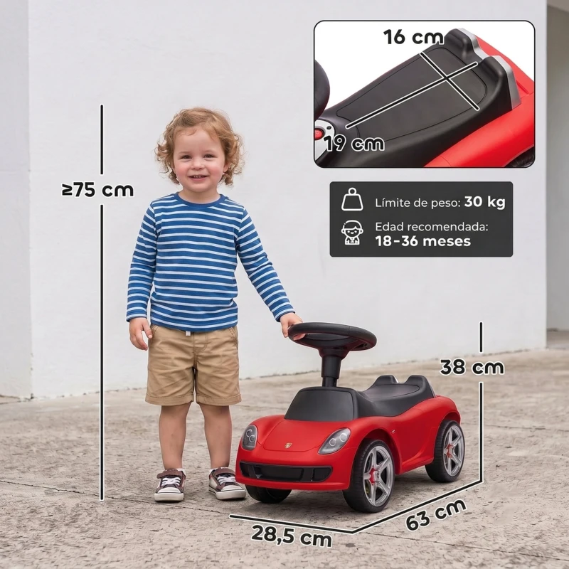 AIYAPLAY Voiture sans pédales pour bébés 18-36 mois Licence Porsche 2 phares Klaxon Son de démarrage 63x28,5x38 cm Rouge