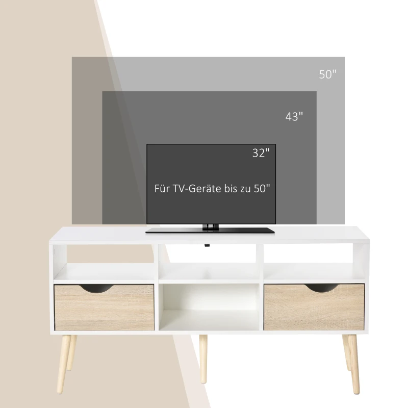 HOMCOM tv-tafel tv-meubel met 2 lades tv-plank spaanplaat massief houten poten wit + eiken 117 x 39 x 57 cm