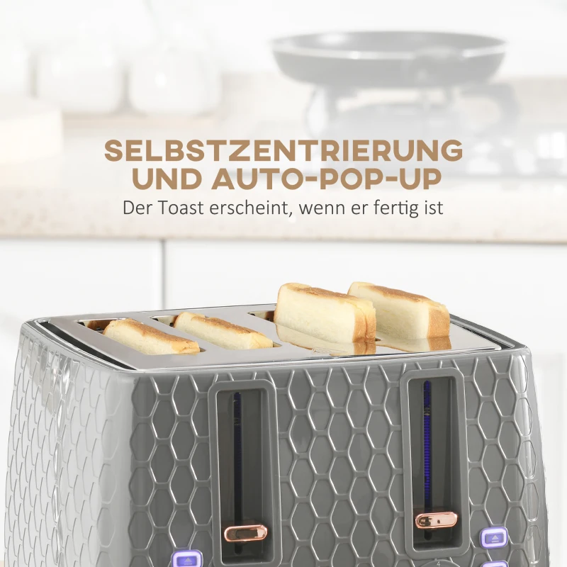 HOMCOM 2-in-1 Keuken Set, Toaster en Waterkoker, meerdere opties, 1,7 L, 4 Toastscheiben tegelijk, Kunststof, Grijs