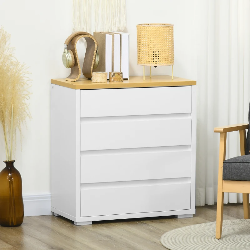 HOMCOM Cómoda Moderna com 4 Gavetas de Madeira para Dormitório Carga Máxima 40 kg 70x37x75 cm Branco e Madeira