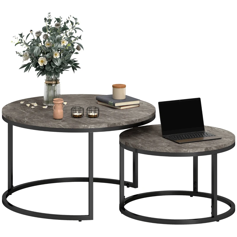 HOMCOM Industrial Nesting Coffee Table Set of 2, Round Coffee Tables, Living Room Table with Faux Marbled Top and Steel Frame