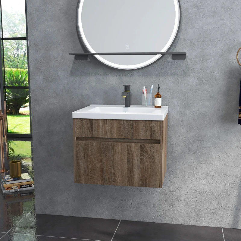 kleankin Mobile Lavabo da 60cm con Cassetto in Legno e Lavandino in Ceramica, Marrone Chiaro