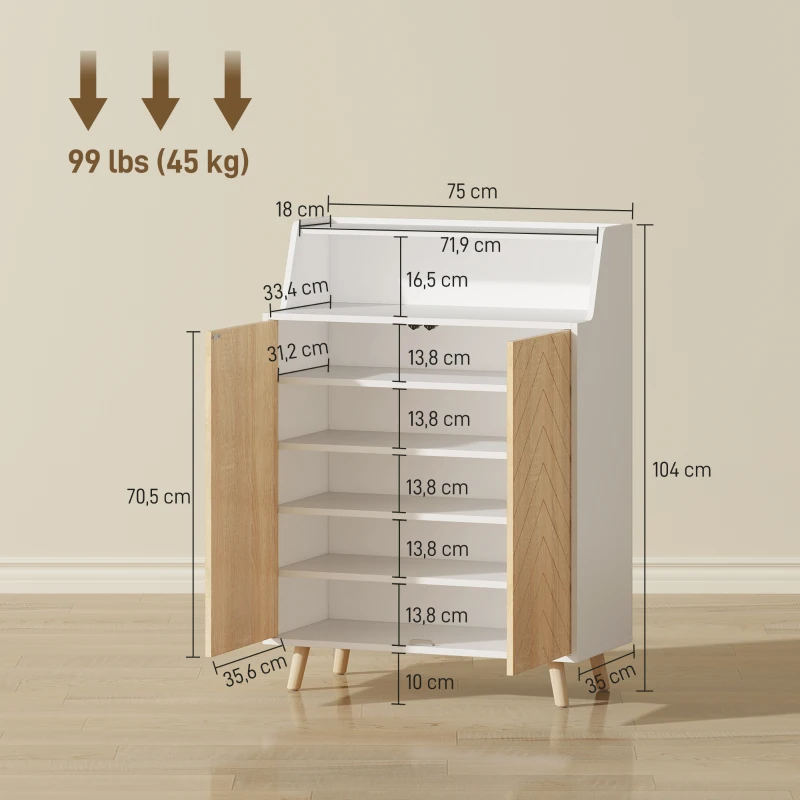 HOMCOM Zapatero Entrada Recibidor con 2 Puertas Estantes Ajustables y Compartimento Abierto 75x35x104 cm Blanco y Natural