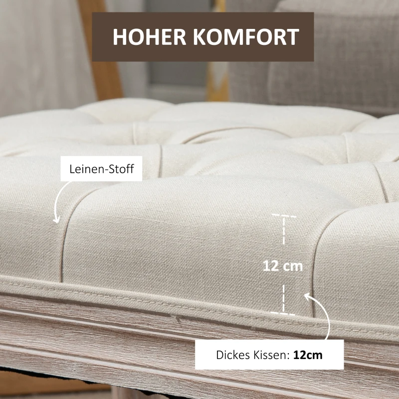 HOMCOM Gestoffeerde zitkruk, gestoffeerde bank, voetenkruk, hout en stofbekleding in linnenlook, 80L x 40B x 43H cm, Crèmewit