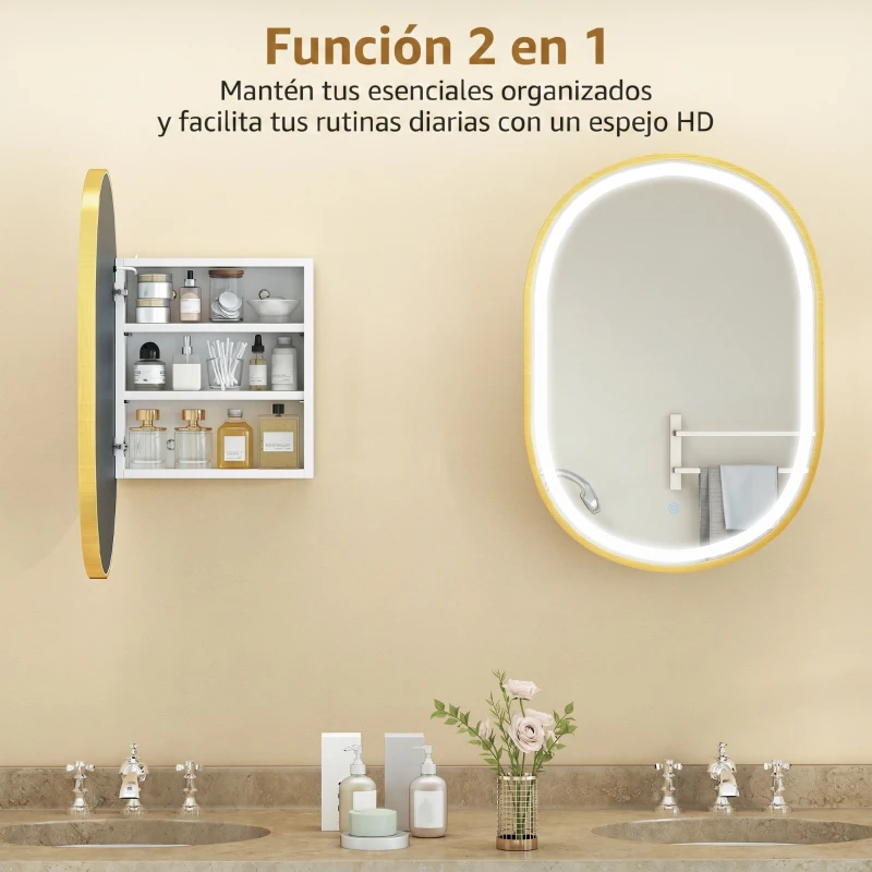 HOMCOM Armario de Baño con Espejo y Luces LED de 3 Colores Armario de Pared Ovalado con Función Memoria y Antivaho Dorado