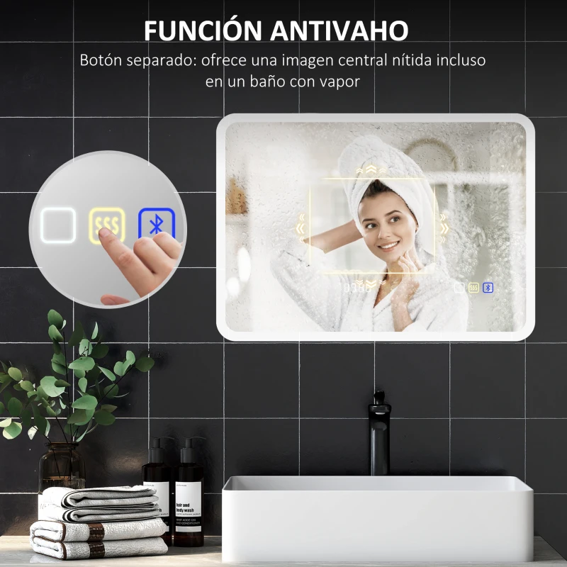 HOMCOM Espejo de Baño con Luz LED 70x50 cm con Bluetooth 3 Colores de Luz Reloj Digital Función Antivaho Función de Memoria