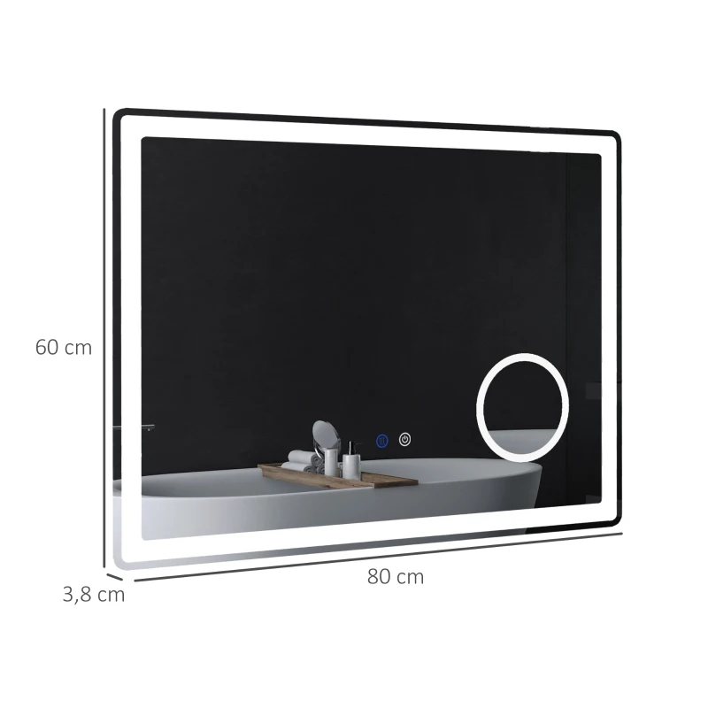 kleankin LED-badkamerspiegel met 3x vergroting, aanraakfunctie, geheugenfunctie, beslaan niet, 80 x 60 cm(m-3)