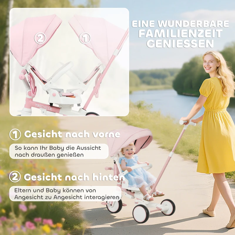 AIYAPLAY Kinderdriewieler, omvormbare baby buggy, 5-in-1 ontwerp, afneembare duwstang, verstelbaar, veiligheidsriem, opbergtas, 1-3 jaar, Roze