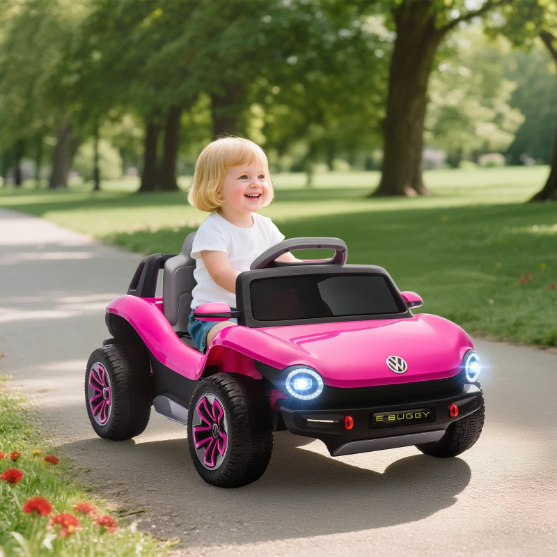 AIYAPLAY Carro Elétrico para Crianças Volkswagen E-Buggy Bateria 12V com Controlo Remoto 2,4 G Faróis LED Música USB 98x56,5x47 cm Rosa