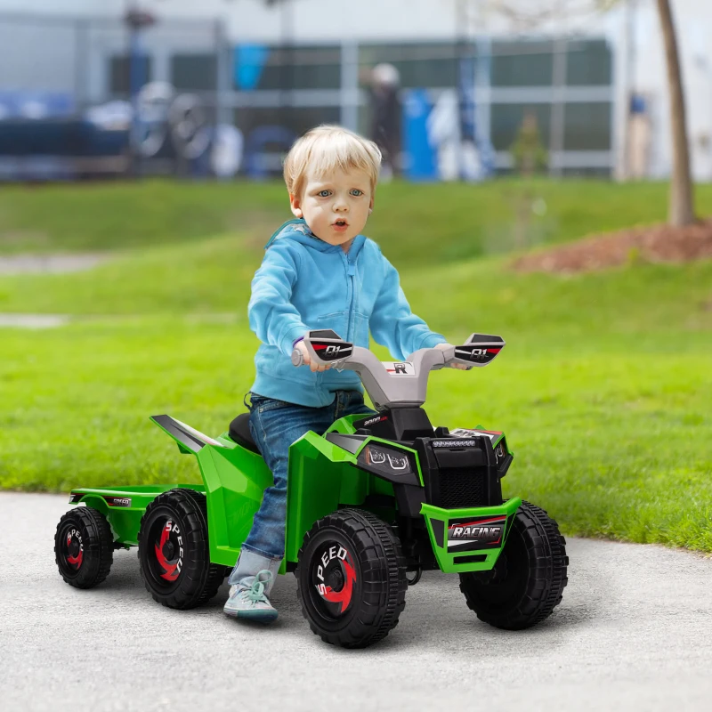 HOMCOM Quad Elettrico per Bambini con Rimorchio, Pedale, Marce Avanti e Indietro, 2.5 km/h, per 18-36 Mesi, Verde