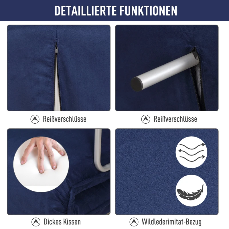 HOMCOM Slaapbank, 5-standen verstelbaar, suède-imitatie, metalen frame, incl. kussen, marineblauw