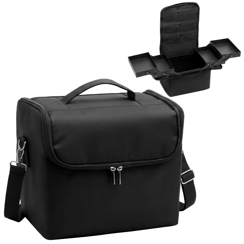 HOMCOM Beauty case de maquillage avec 4 compartiments amovibles, bandoulière et poignée, Noir