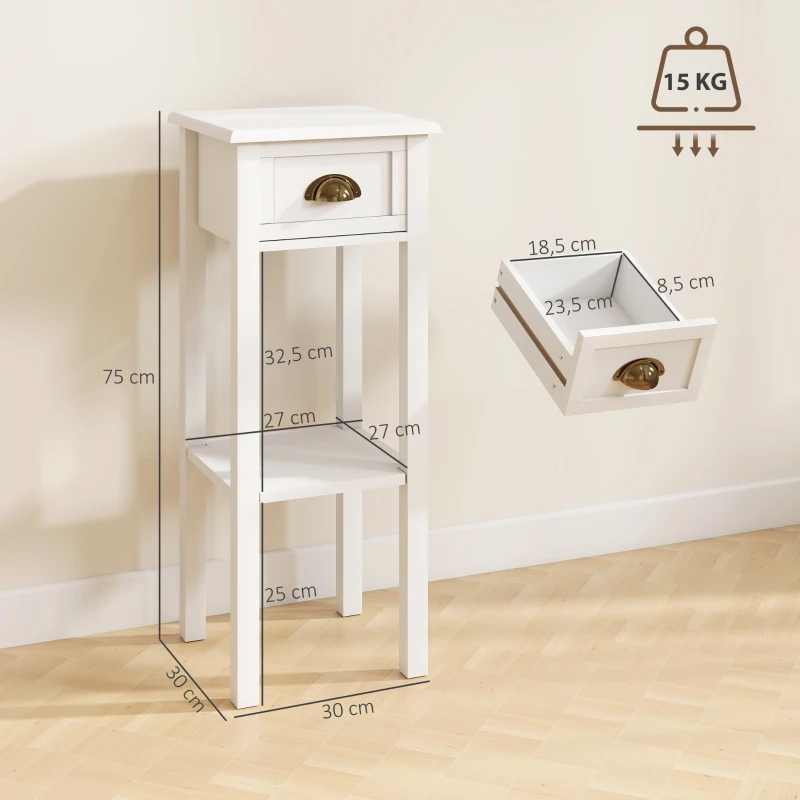 HOMCOM Juego de 2 Mesas Auxiliares Mesitas de Noche con Cajón y Estante de Almacenamiento para Dormitorio 30x30x75 cm Blanco