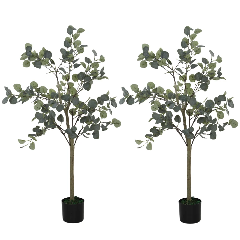 HOMCOM Set of 2 Decorative Artificial Tree, 4ft/ 120cm Silk Eucalyptus Trees with 230 Silver Dollar Leaves in Pot, Fake Plants for Home, Office, Living Room, Indoor Decor