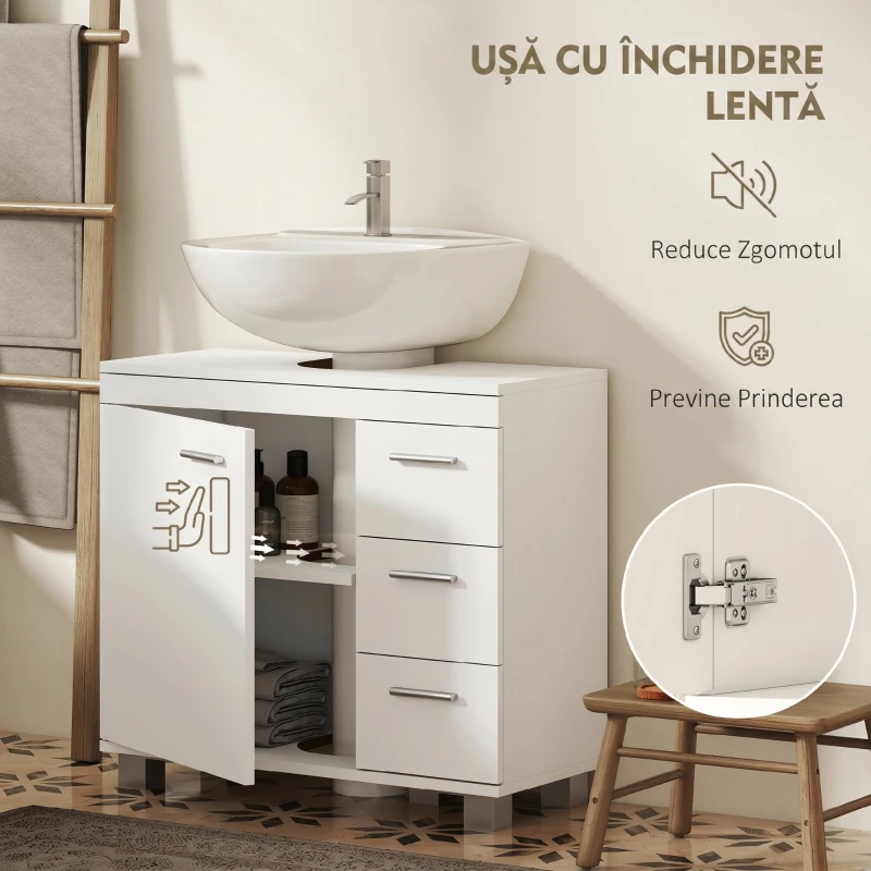 HOMCOM Dulap sub chiuvetă pentru baie cu dulăpior, rafturi și sertare, alb