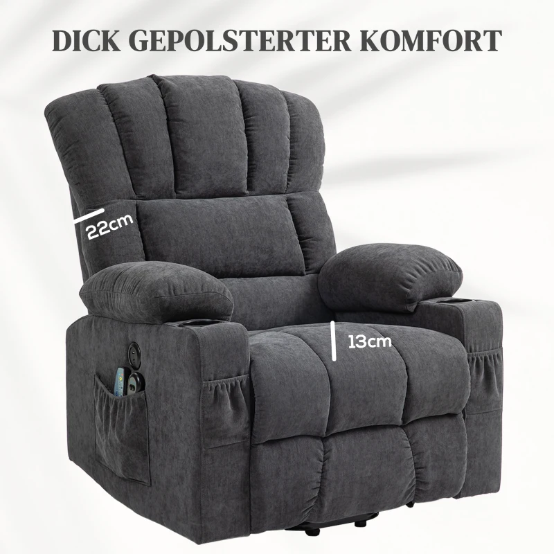 HOMCOM elektrische TV-relaxstoel met sta-op hulp, ligfunctie, verwarmings- en massagefunctie, met afstandsbediening, USB, bekerhouders en zijvak, donkergrijs(m-7)