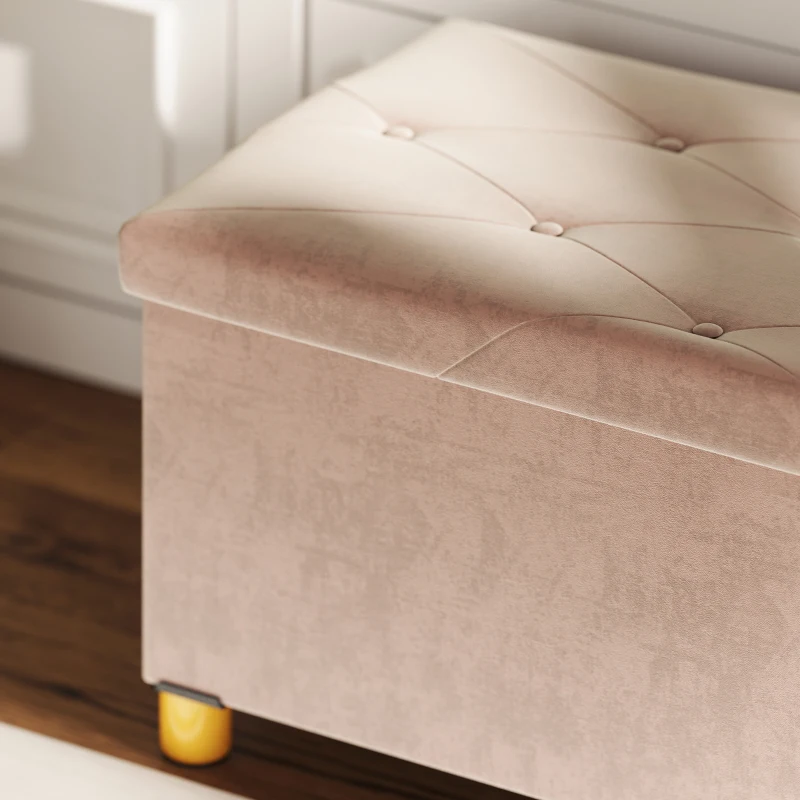 HOMCOM Banco de Armazenamento Dobrável Capacidade de 67 L  Estofado em Veludo Carga 120 kg 76x38x38 cm Rosa Claro