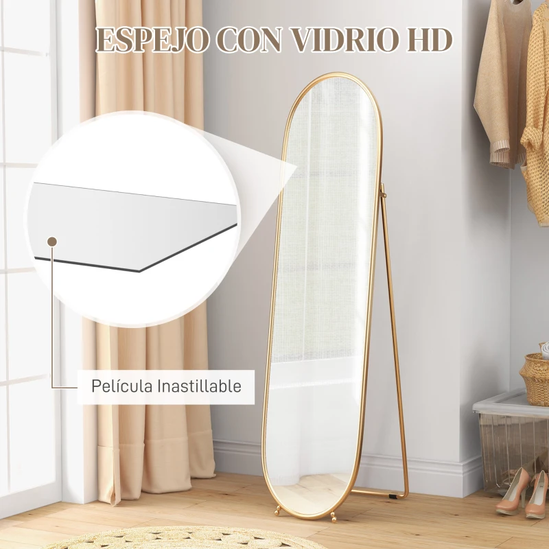 HOMCOM Espejo de Pie Cuerpo Entero Ovalado 160x40 cm con Marco Metálico 2 Formas de Uso Independiente y Apoyado Dorado
