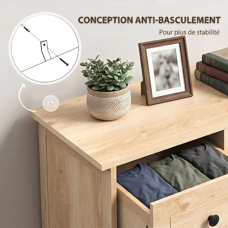 HOMCOM Commode meuble de rangement 5 tiroirs pour chambre, bureau, entrée, chêne et poignée métal noir