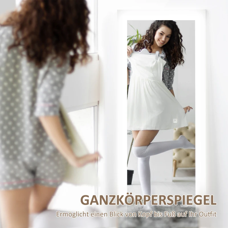 HOMCOM Volledige lengte spiegel, 40x160 cm, LED-verlichting, Touchbediening, dimbaar, 3 kleuren, Wit
