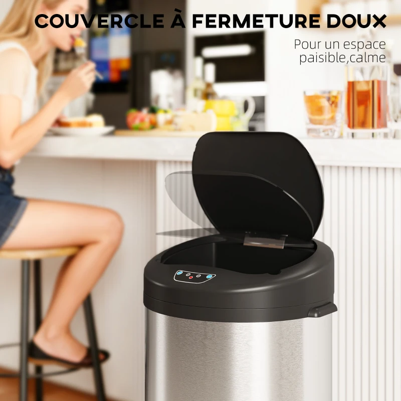 HOMCOM Poubelle de cuisine automatique 55 L en acier inoxydable, couvercle à fermeture en douceur, 32 x 30 x 78,5 cm, argent