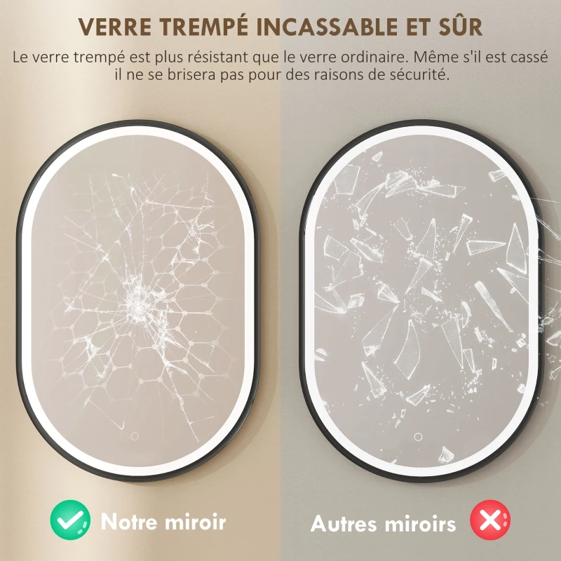 HOMCOM Miroir salle de bain éclairage LED 50x70cm, miroir lumineux salle de bain mural interrupteur tactile, lumière 3 couleurs