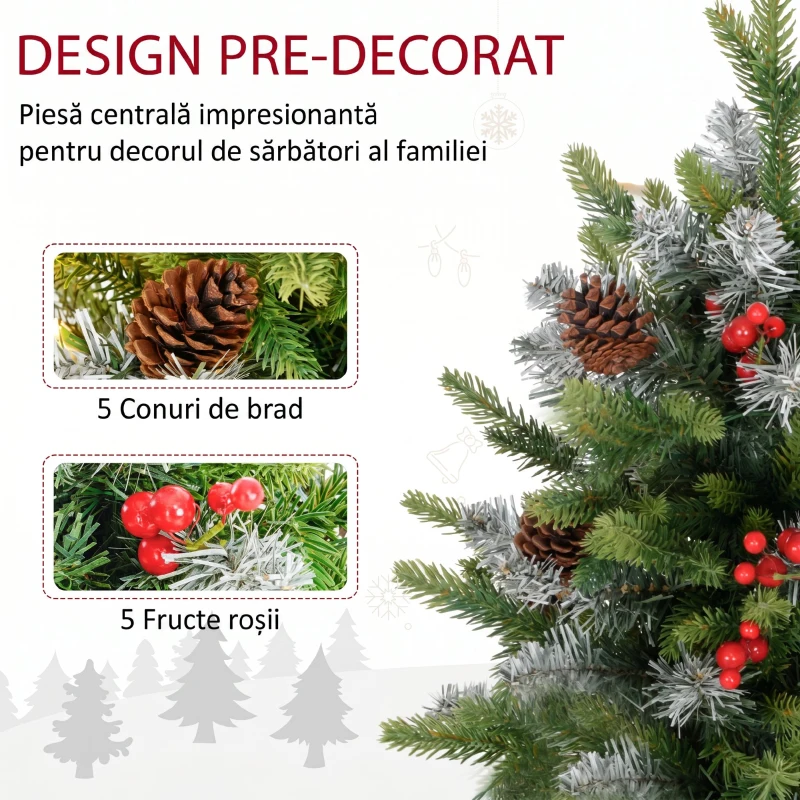 HOMCOM Mini Brad de Crăciun 60 cm cu lumini LED, 141 ramuri, conuri de pin, bobițe roșii, bază din ciment, verde