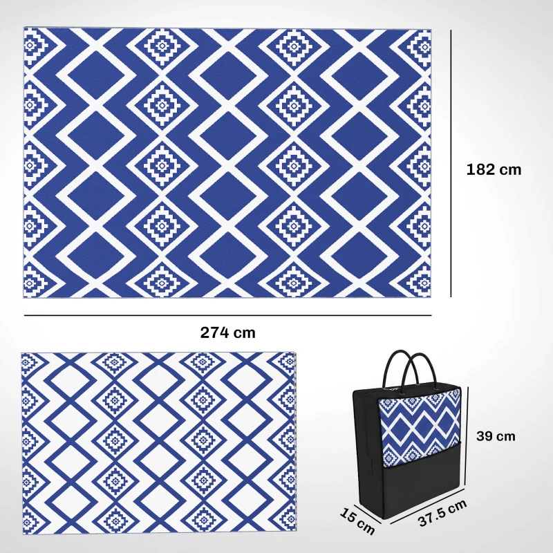 Outsunny Plastic Straw Reversible RV Outdoor Rug with Carry Bag, 182 x 274cm, Blue and White